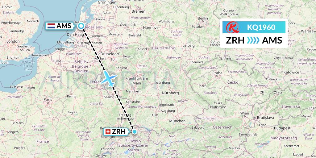 KQ1960 Kenya Airways Flight Map: Zurich to Amsterdam