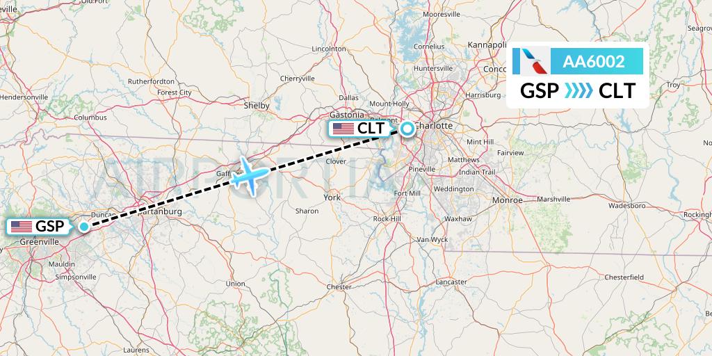 AA6002 American Airlines Flight Map: Greenville-Spartanburg to Charlotte