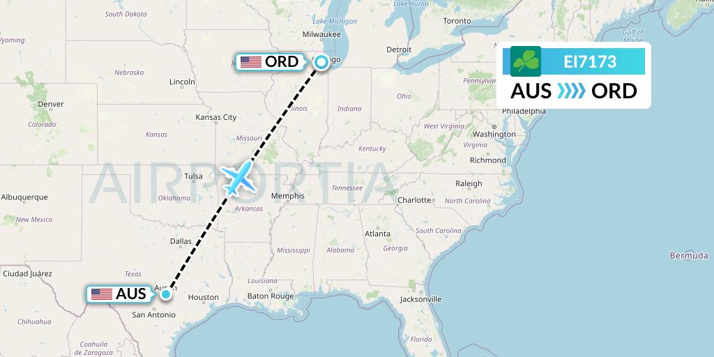 EI7173 Aer Lingus Flight Map: Austin to Chicago