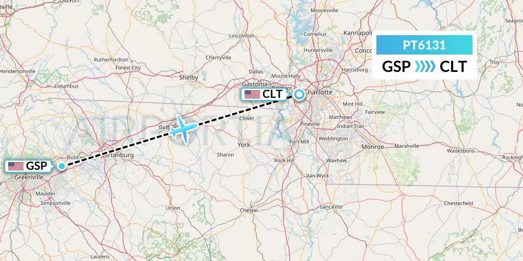 PT6131 Piedmont Airlines Flight Map: Greenville-Spartanburg to Charlotte