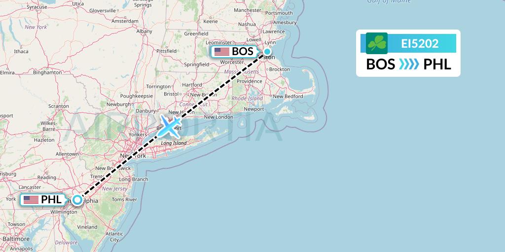 EI5202 Aer Lingus Flight Map: Boston to Philadelphia