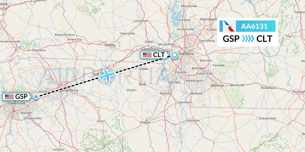 AA6131 American Airlines Flight Map: Greenville-Spartanburg to Charlotte