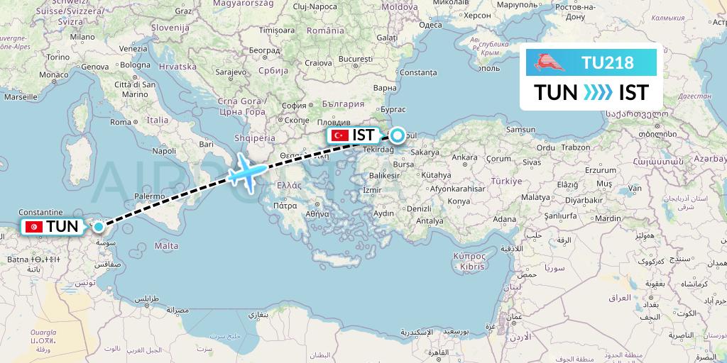 TU218 Tunisair Flight Map: Tunis to Istanbul