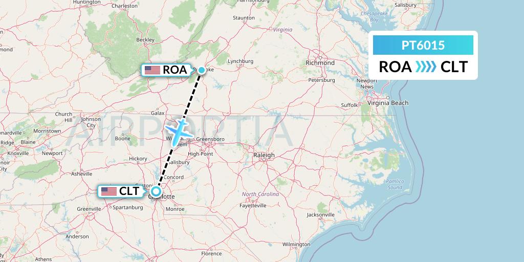 PT6015 Piedmont Airlines Flight Map: Roanoke to Charlotte