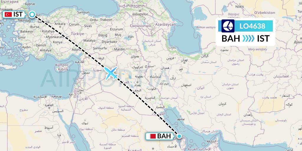 LO4638 LOT Flight Map: Bahrain to Istanbul
