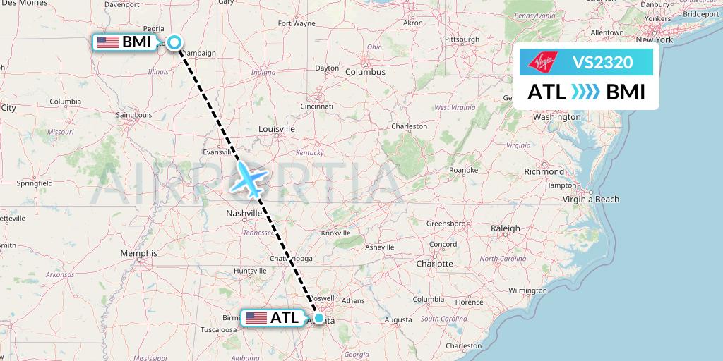 VS2320 Virgin Atlantic Airways Flight Map: Atlanta to Bloomington