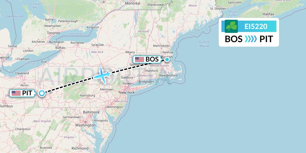 EI5220 Aer Lingus Flight Map: Boston to Pittsburgh