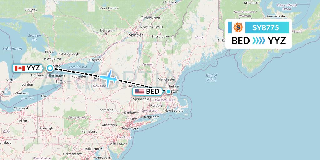 SY8775 Sun Country Airlines Flight Map: Bedford to Toronto