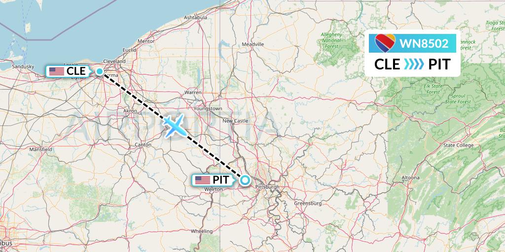 WN8502 Southwest Airlines Flight Map: Cleveland to Pittsburgh