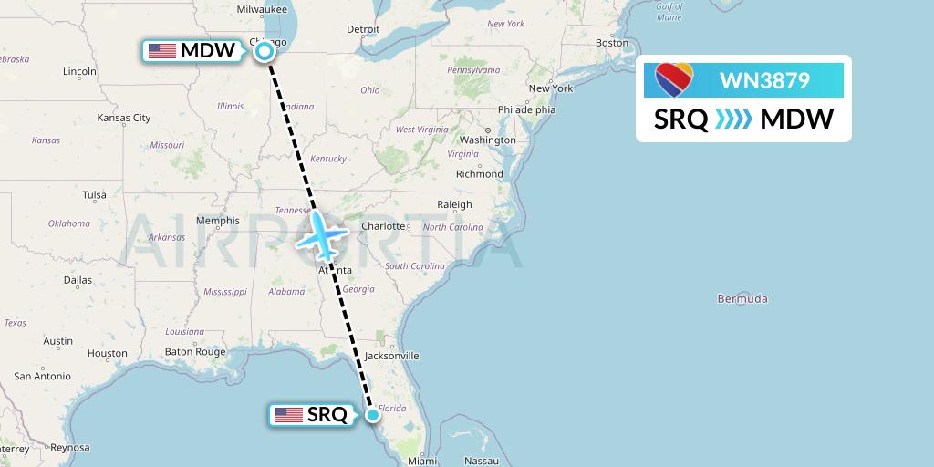 WN3879 Southwest Airlines Flight Map: Sarasota to Chicago