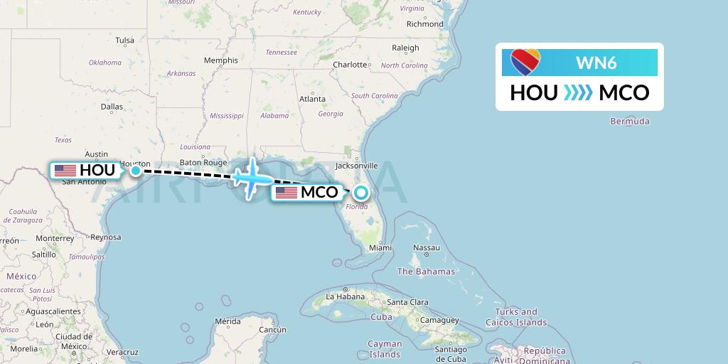 WN6 Southwest Airlines Flight Map: Houston to Orlando