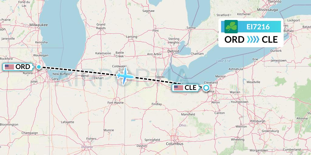EI7216 Aer Lingus Flight Map: Chicago to Cleveland