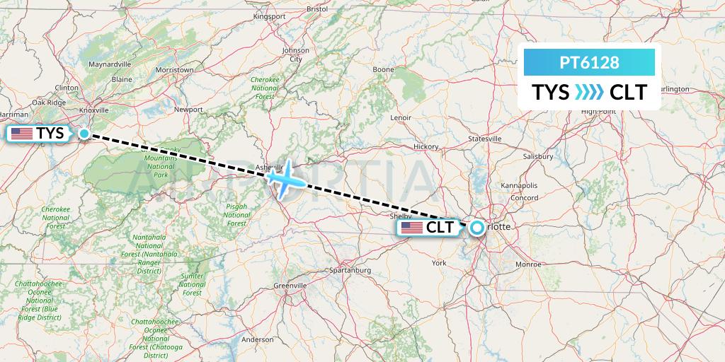 PT6128 Piedmont Airlines Flight Map: Knoxville to Charlotte