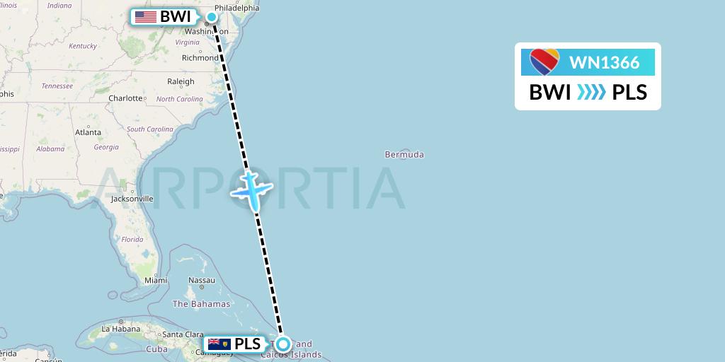 WN1366 Southwest Airlines Flight Map: Baltimore to Providenciales