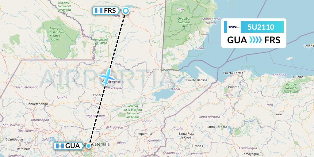 5U2110 TAG Airlines Flight Map: Guatemala City to Flores