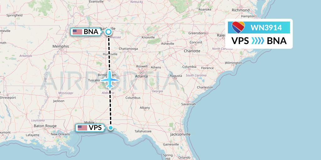 WN3914 Southwest Airlines Flight Map: Valparaiso to Nashville