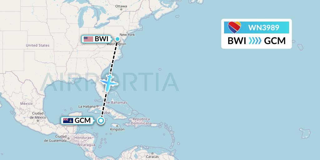 WN3989 Southwest Airlines Flight Map: Baltimore to George Town