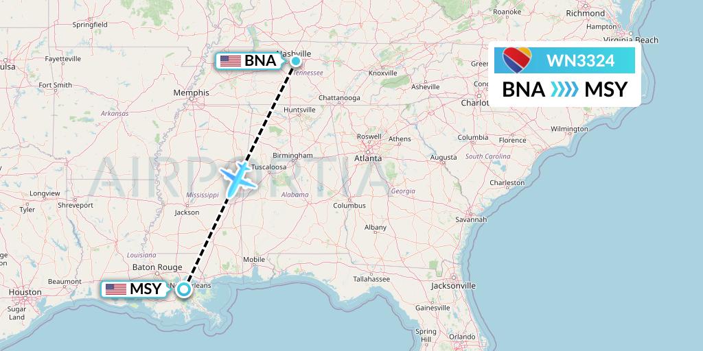 WN3324 Southwest Airlines Flight Map: Nashville to New Orleans