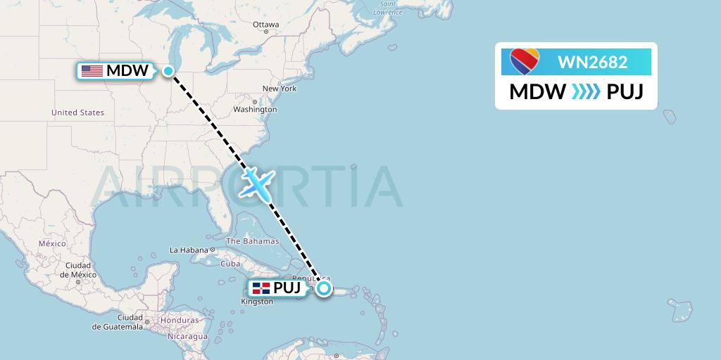 WN2682 Southwest Airlines Flight Map: Chicago to Punta Cana