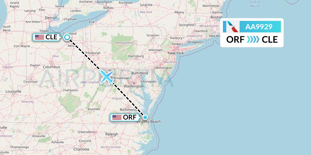 AA9929 American Airlines Flight Map: Norfolk to Cleveland