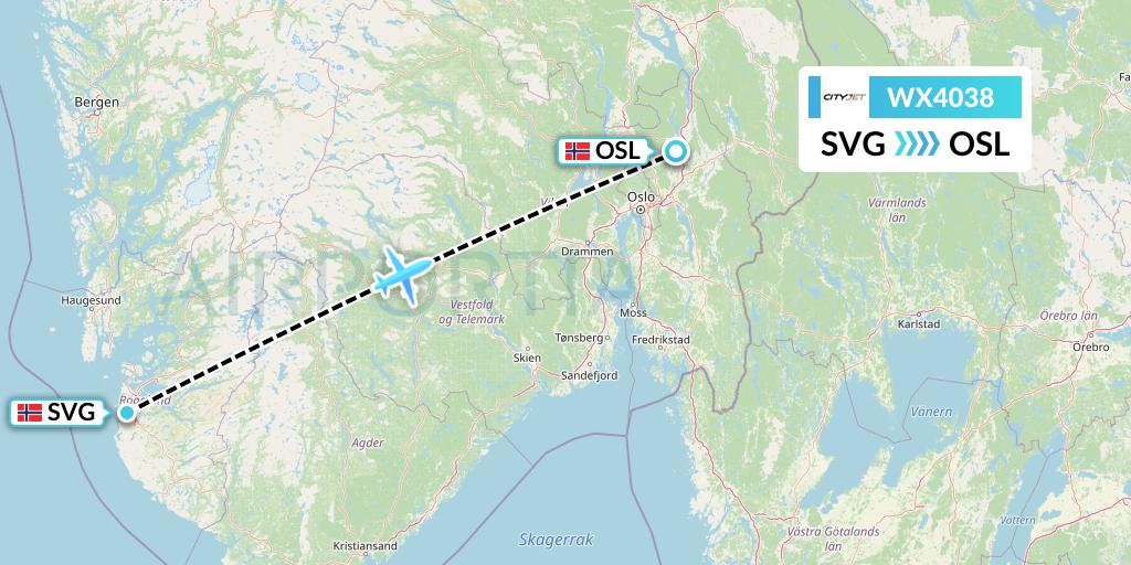 WX4038 Cityjet Flight Map: Stavanger to Oslo