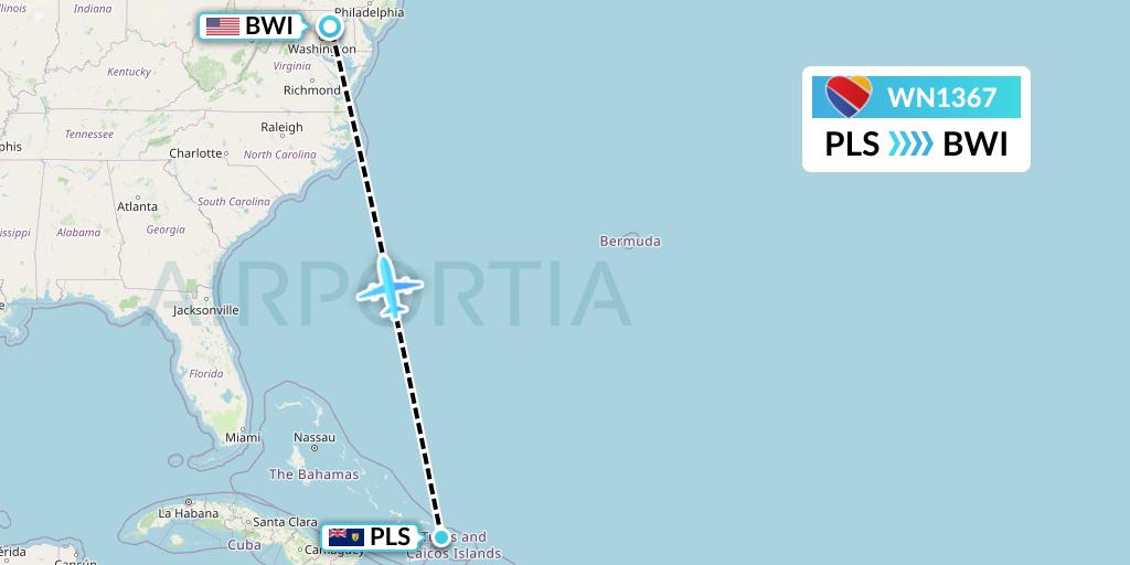 WN1367 Southwest Airlines Flight Map: Providenciales to Baltimore