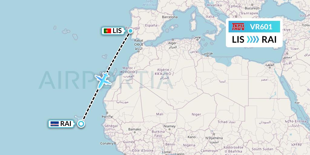 VR601 TACV Cape Verde Airlines Flight Map: Lisbon to Praia