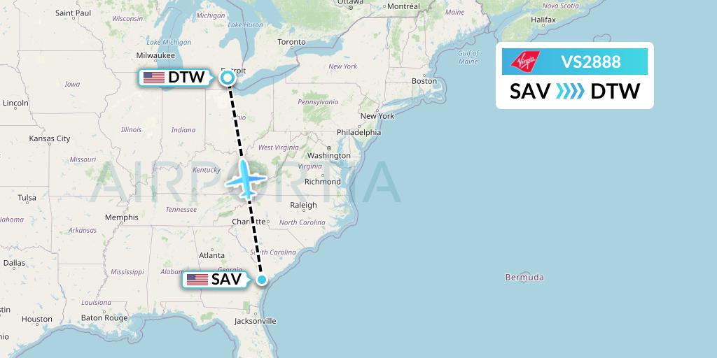 VS2888 Virgin Atlantic Airways Flight Map: Savannah to Detroit