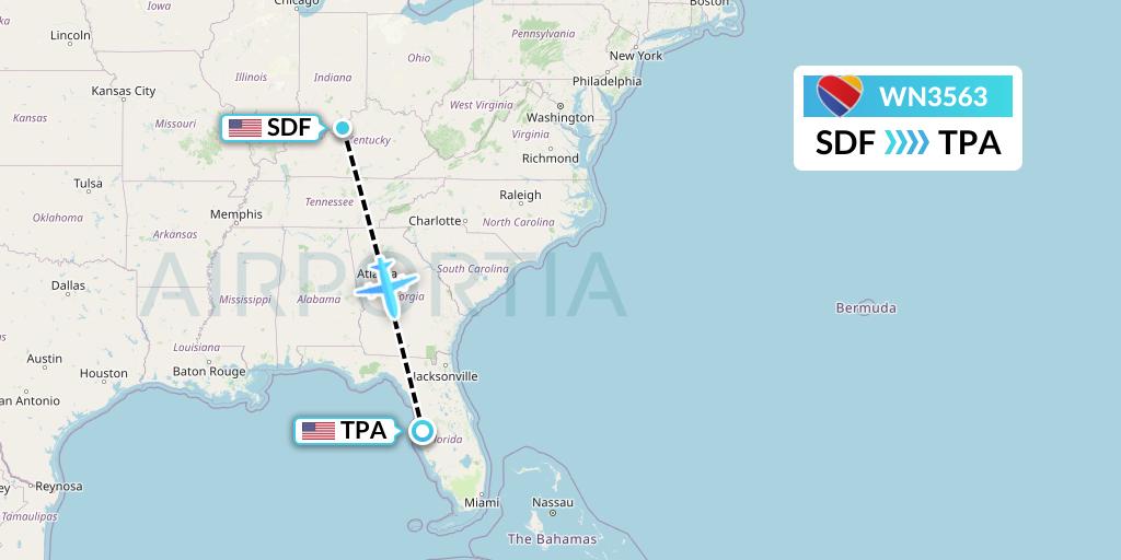 WN3563 Southwest Airlines Flight Map: Louisville to Tampa