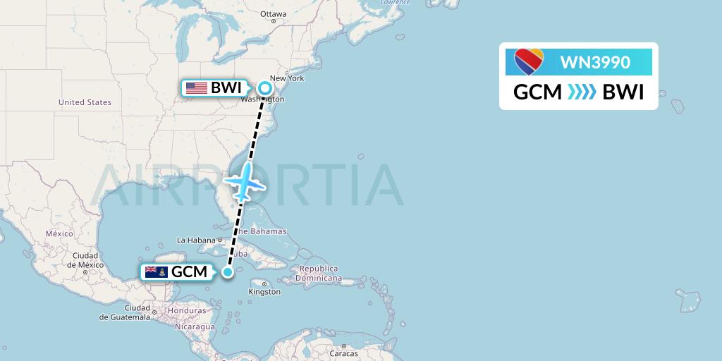 WN3990 Southwest Airlines Flight Map: George Town to Baltimore