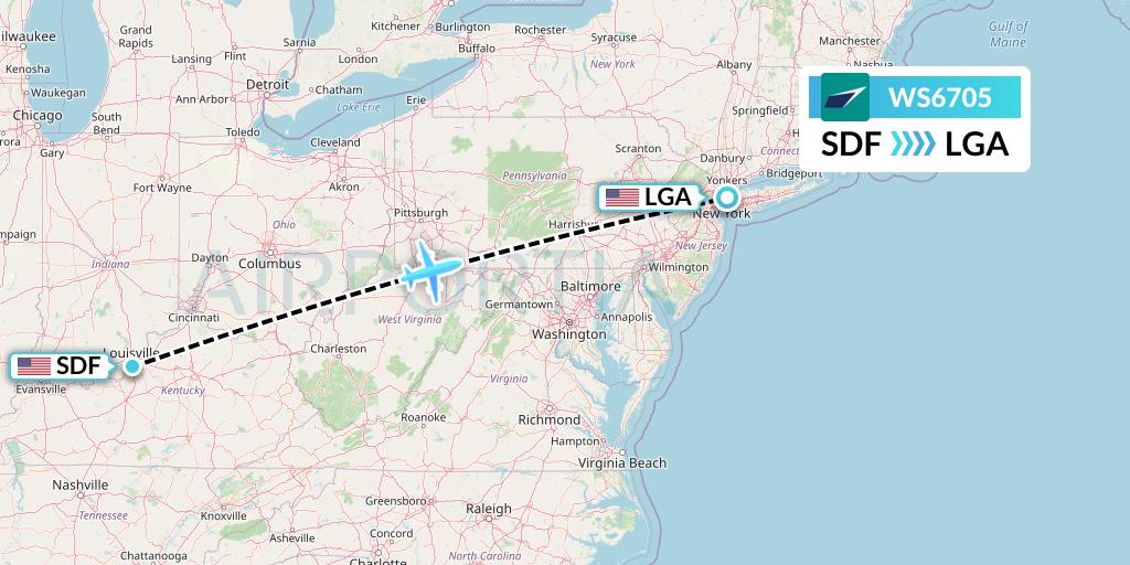 WS6705 WestJet Flight Map: Louisville to New York