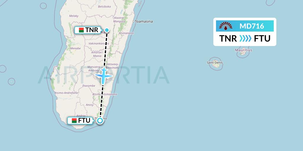MD716 Air Madagascar Flight Map: Antananarivo to Tolanaro