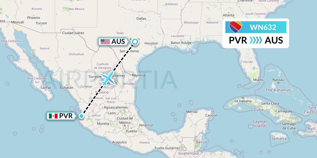 WN632 Southwest Airlines Flight Map: Puerto Vallarta to Austin