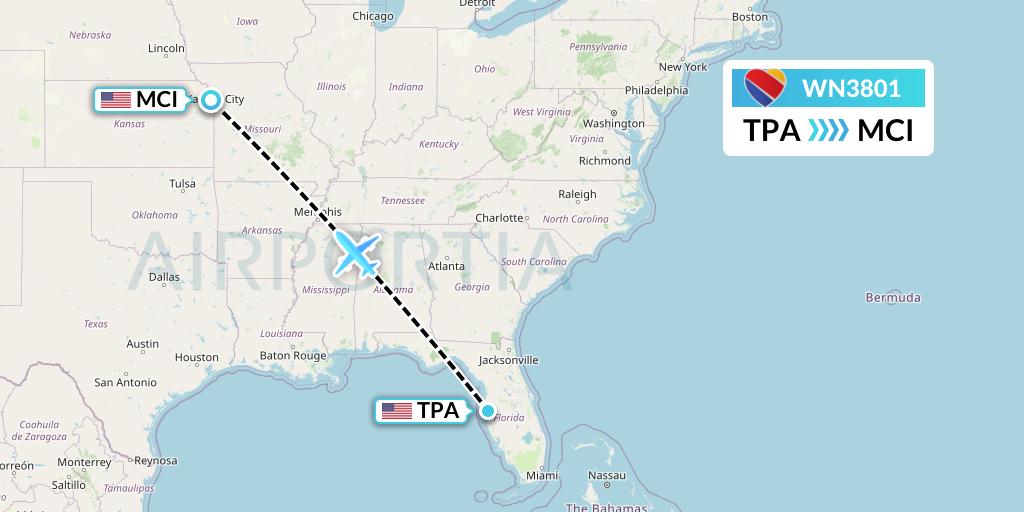 WN3801 Southwest Airlines Flight Map: Tampa to Kansas City