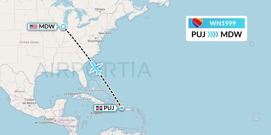 WN1999 Southwest Airlines Flight Map: Punta Cana to Chicago