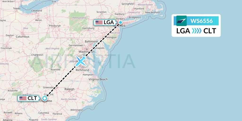 WS6556 WestJet Flight Map: New York to Charlotte