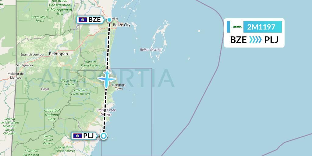 2M1197 Maya Island Air Flight Map: Belize City to Placencia