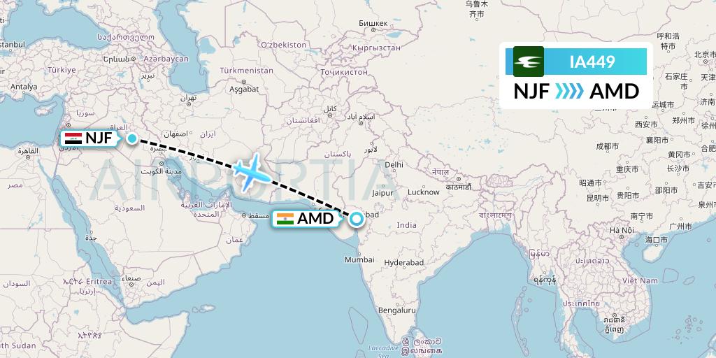 IA449 Iraqi Airways Flight Map: Najaf to Ahmedabad