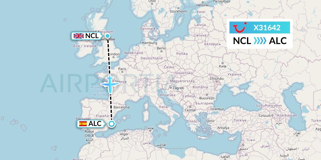 X31642 TUI fly Germany Flight Map: Newcastle to Alicante