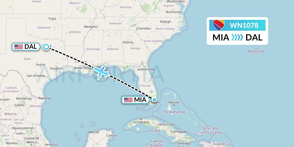 WN1078 Southwest Airlines Flight Map: Miami to Dallas