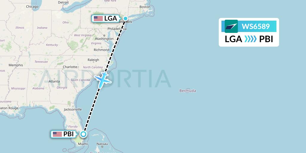 WS6589 WestJet Flight Map: New York to West Palm Beach