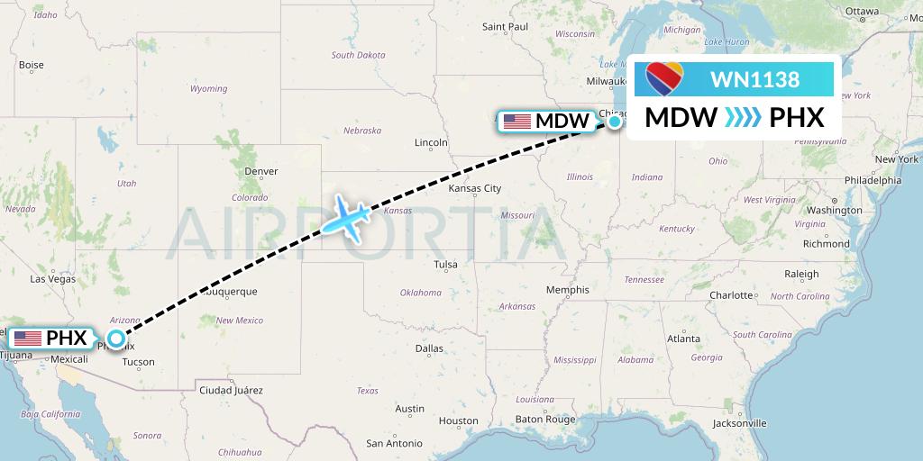WN1138 Southwest Airlines Flight Map: Chicago to Phoenix
