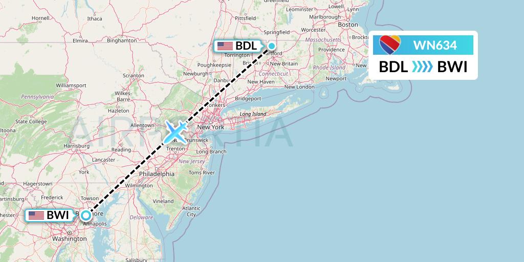 WN634 Southwest Airlines Flight Map: Windsor Locks to Baltimore