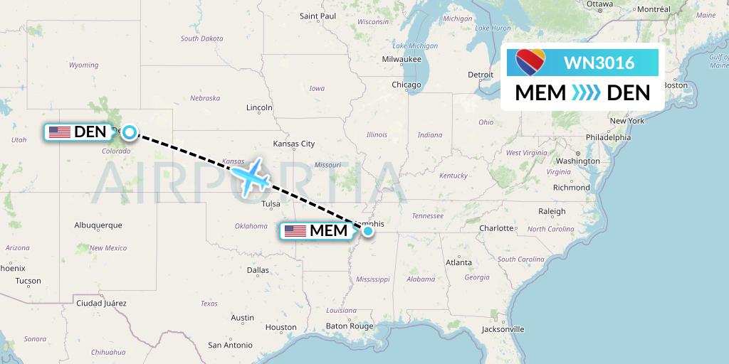 WN3016 Southwest Airlines Flight Map: Memphis to Denver