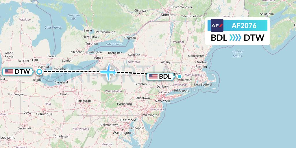 AF2076 Air France Flight Map: Windsor Locks to Detroit