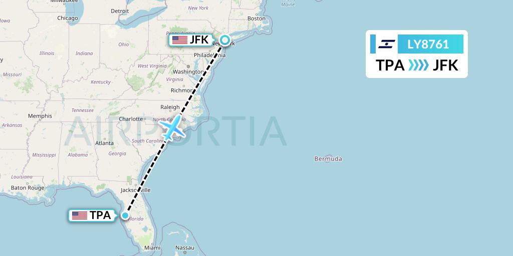 LY8761 El Al Flight Map: Tampa to New York