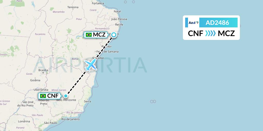 AD2486 Azul Brazilian Airlines Flight Map: Belo Horizonte to Maceio