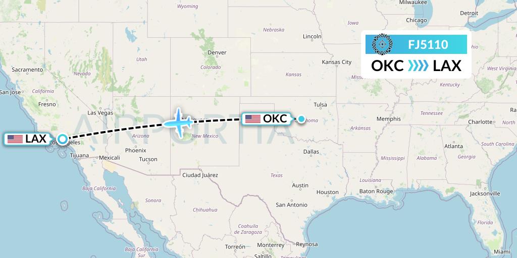 FJ5110 Fiji Airways Flight Map: Oklahoma City to Los Angeles