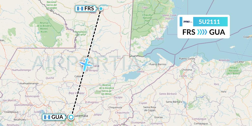 5U2111 TAG Airlines Flight Map: Flores to Guatemala City