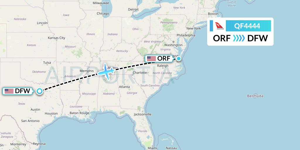 QF4444 Qantas Flight Map: Norfolk to Dallas